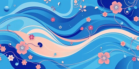 Abstract blue wave geometric seamless pattern with flowing lines and floral elements, illustration, ornate