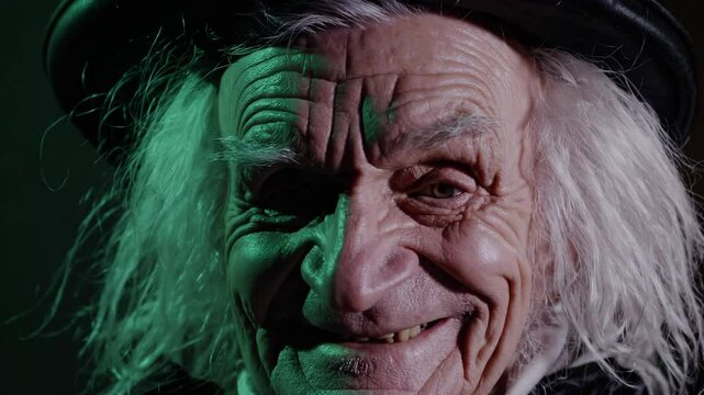 Elderly man in witch costume, lit by eerie red light, smiles creepily for a spooky halloween vibe. Perfect for horror or supernatural themes