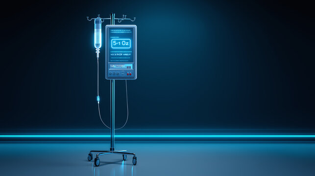 Futuristic intravenous drip stand with digital interface panel glowing blue in dark medical environment, sleek design with wheels for mobility and advanced technology display - Powered by Adobe