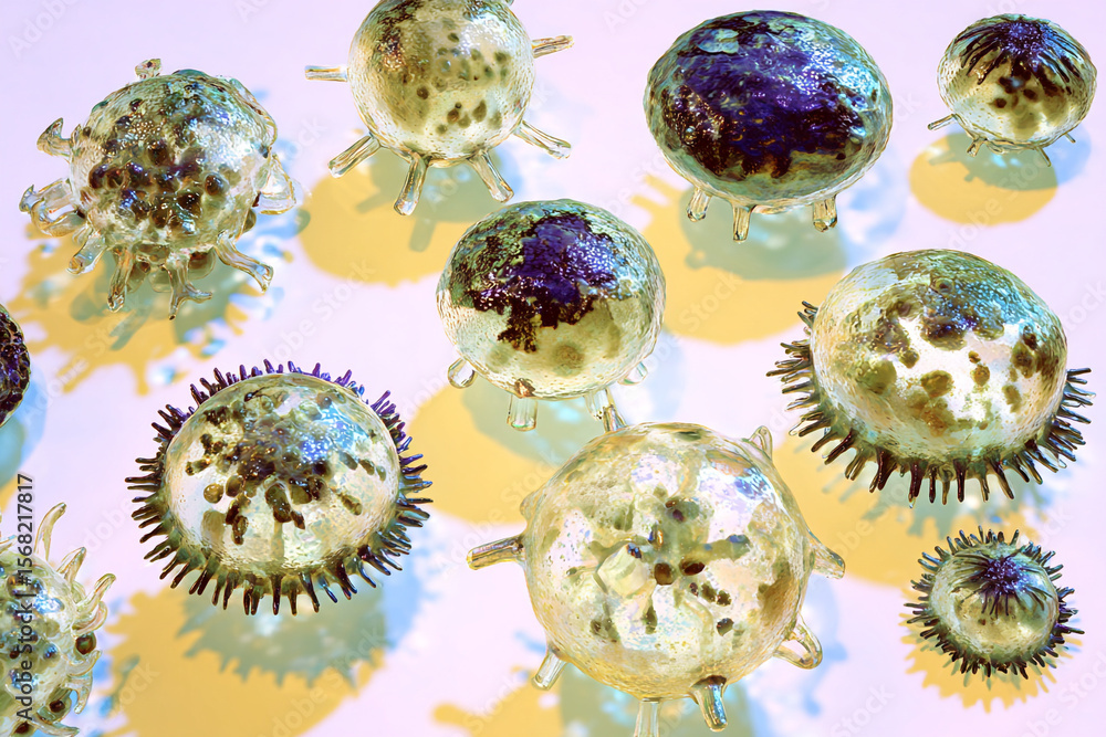 Poster close up of several glass like objects resembling viruses or cells on a white surface with shadows
