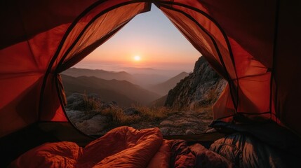 Sunrise view from inside a tent in the mountains