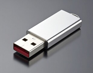 Metallic flash drive on gray surface