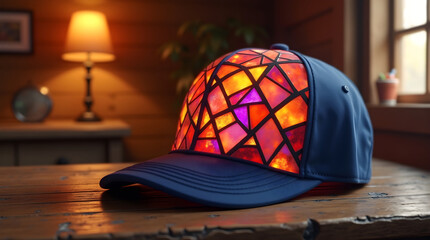 Navy blue cap with bright stained glass design displayed indoors with warm light and wooden background elements