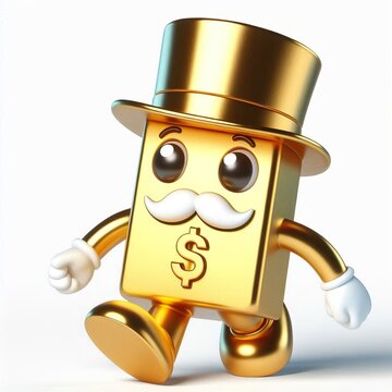 Animated character 3D image of a metallic gold Monopoly man cute design