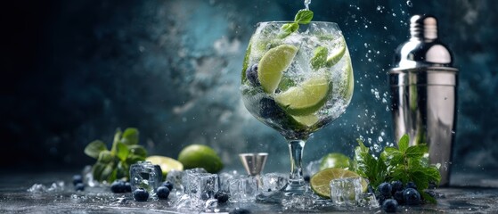 The refreshing cocktail with lime, blueberries, and mint splashing in a glass.