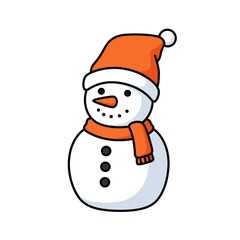 Snowman wearing orange hat and scarf with a cheerful expression  