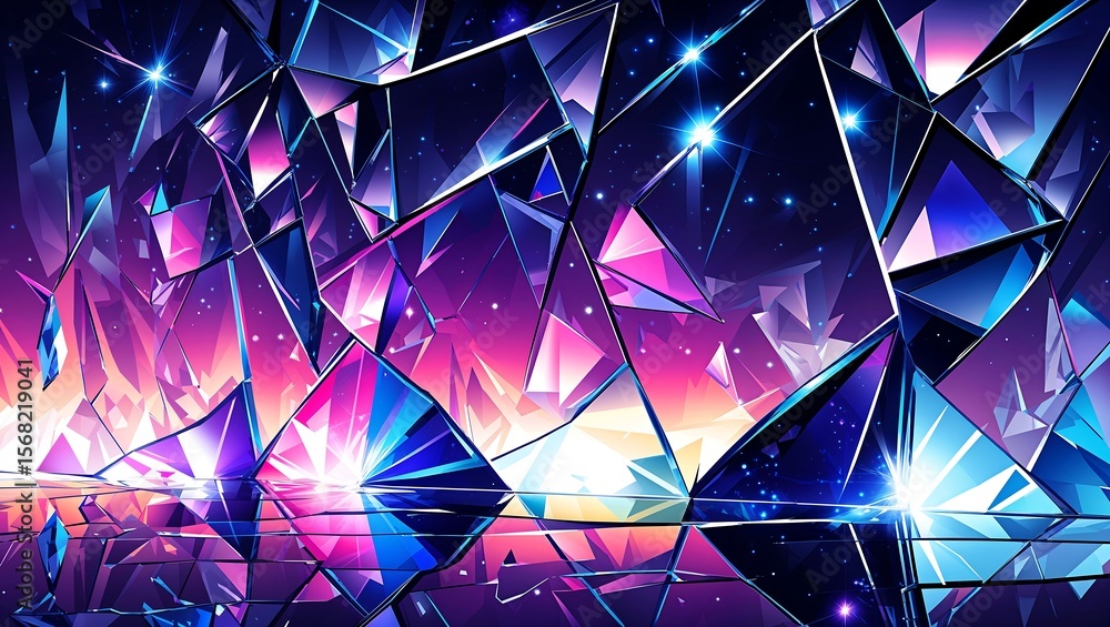 Poster shattered mirror mosaic reflecting aurora lights, glossy vector abstraction.