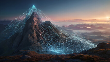 A majestic mountain peak surrounded by a glowing digital network mesh, visualizing data flow over natural terrain at sunrise. Perfect for concepts of connectivity, technology, blockchain, metaverse.