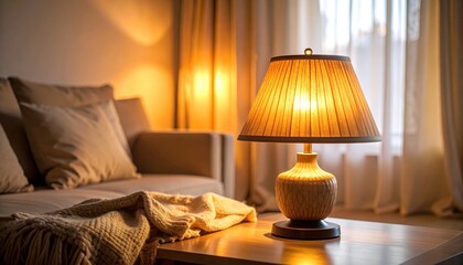 Cozy Glow in the Living Room: A lamp sits on a wooden table, casting a warm glow, with a sofa and curtain behind in the living room.