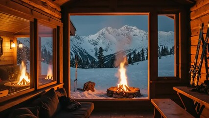Cozy cabin with fireplace and snowy mountain view - Powered by Adobe