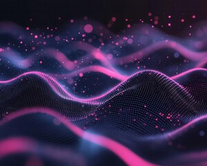 Black background with fluid music waves made of swirling luminous data particles, hightech audio theme