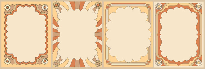 Set of retro frames with groovy flowers in mid Century modern color palette. Vector flat illustrations
