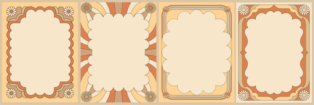 Set of retro frames with groovy flowers in mid Century modern color palette. Vector flat illustrations
