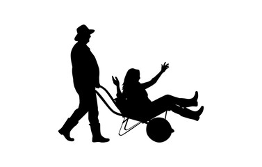 A woman is sitting in a toy car and a worker is playing with the car. Vector