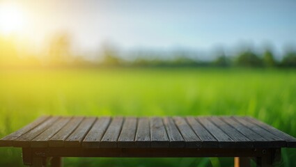 Fototapeta premium Wooden table in green field with sun outdoor sunlight