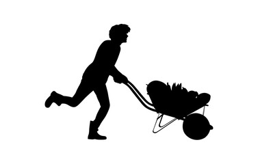 A boy running with a variety of fruits in a wheelbarrow vector
