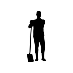 A simple, impactful silhouette of a person holding a shovel, suitable for depicting labor, gardening, landscaping, or construction.