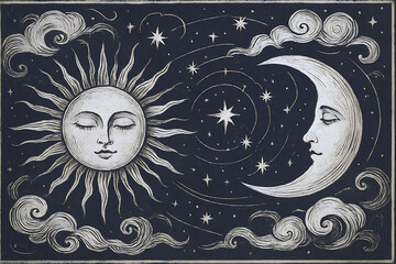 Celestial Illustration Sun Moon and Stars on Dark Blue Background