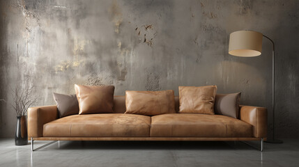 Modern brown leather sofa with soft cushions and warm lighting in cozy living room featuring textured brushed wall and minimalist floor lamp for stylish comfort