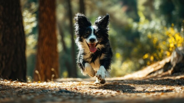 Happy border collie running in forest