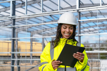 Portrait of happy smiling female construction worker builder with tablet, dressed in high...