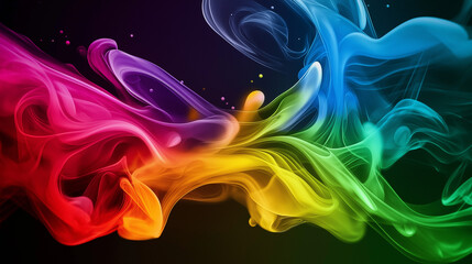 Obraz premium Swirling smoke trails in vivid blue, purple, yellow, and red, glowing abstract motion on a black background. colorful smoke background