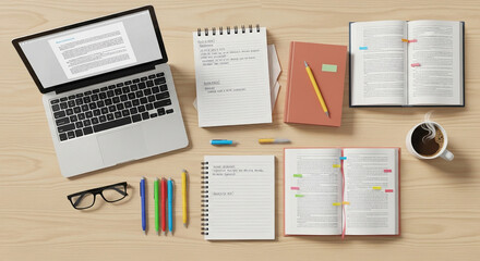 Flat lay student desk with books, laptop, and coffee