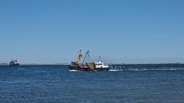 Fishing trawler with seagulls