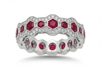 Exquisite hexagonal ruby and diamond eternity band in white gold