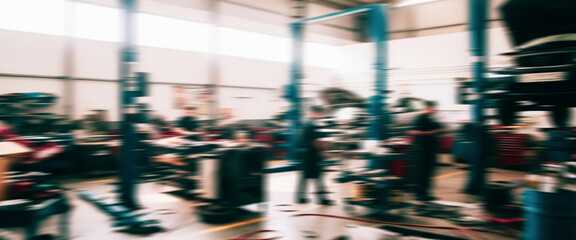 Indoor factory setting with machinery and workers in a blurred industrial environment.