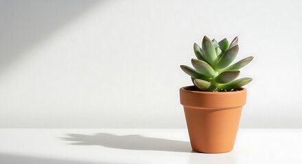 Fototapeta premium Succulent in terracotta pot, bathed in sunlight, minimalist aesthetic