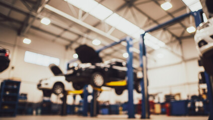 Auto repair shop with cars on lifts and mechanic working.