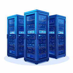Three Dark Blue Servers with Metallic Frame in a Data Center with White Background Network and Data Storage System