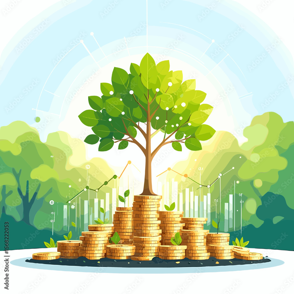 Poster tree growing from golden coin stacks on green background with financial growth chart and sprout seed