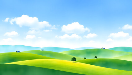 Obraz premium Rolling Hills Landscape: Serene landscape of rolling green hills under a vibrant blue sky dotted with fluffy white clouds, evokes a sense of peace and tranquility. 