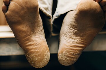Detailed view of dry, cracked soles of human feet resting on a surface, illustrating skin neglect, natural texture, and untreated foot condition