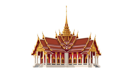 Naklejka premium An ornate Thai temple with a red roof and golden details, isolated on white.