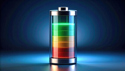 Energy Level: Vibrant image of a battery with a dynamic range of colors, indicating charge levels, symbolizing power, energy, and technology. 