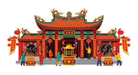 Fototapeta premium Illustration of a vibrant traditional Chinese temple with people celebrating.