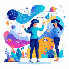 Fototapeta premium Two Women in VR Headsets Immersed in Virtual World Surrounded by Abstract Designs and Colorful Foliage on a White Backdrop