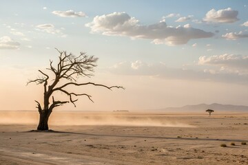 Lone tree standing in a vast desert plain with swirling dust and mountains in the distance under dramatic cloud-filled sky