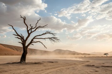 Dead tree in windswept desert under a dramatic evening sky with blowing sand, distant dunes, and fading light reflecting on cracked terrain