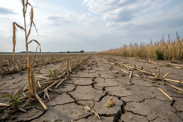 Drought-stricken cornfield with cracked soil and sparse vegetation under a partly cloudy sky, depicting agricultural stress and climate impact