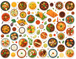 Various Food Dishes in Pixel Art Style With Bright Colors and Overhead Angle Showcasing Rich Culinary Diversity