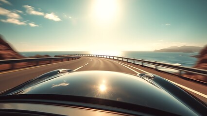 Obraz premium A sleek luxury car speeding along a coastal highway with ocean views through the windshield.