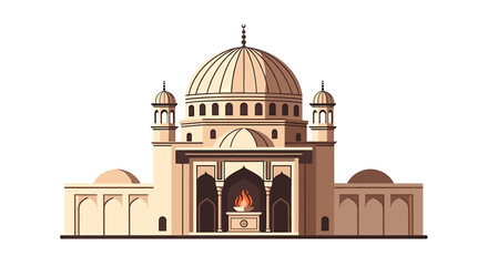 Beige, stylized illustration of a large mosque, featuring intricate architectural details.