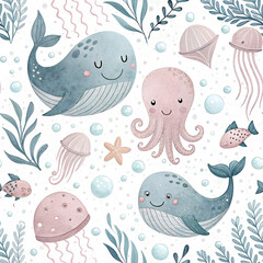 Cute Watercolor Sea Animals Seamless Pattern with Whales and Jellyfish new 2025 trendy