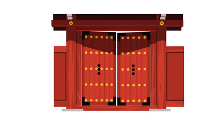 A detailed illustration of a traditional Chinese gate with open doors, showing ornate details.