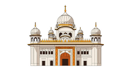 Obraz premium Illustration of a white and gold Gurudwara, a Sikh temple, with domes and intricate architectural details.