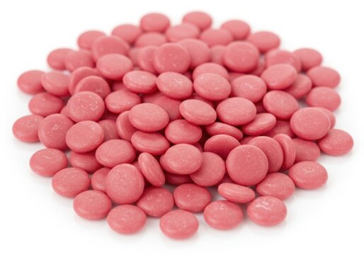 Pile of small round pink candy coated chocolate drops
